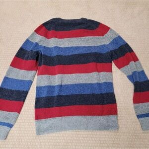 IZOD Men's Size M/L Sweater, Striped Crew Neck Long Sleeve Red Blue Gray